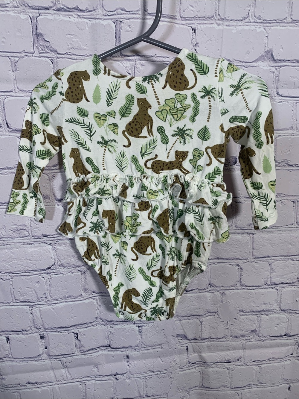 Kate Quinn Baby Girls Long Sleeve Jungle Print Bodysuit Ruffle Size 0-3M Bamboo